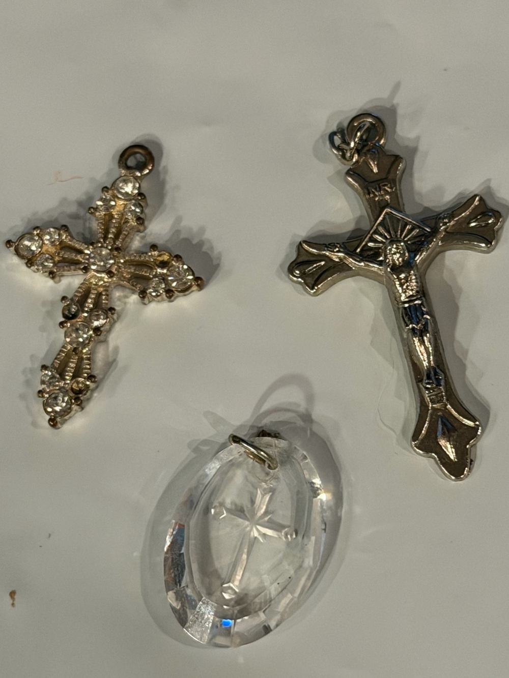 Crucifix CROSS Pendant LOT of 3, Rosary INRI silver Tone Necklace Three Charm